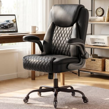 COMHOMA Mid-Back Office Chair, Ergonomic PU Desk Chair with Flip up Arms, Small Computer Gaming with Comfy Lumbar Support,Rocking Function,Sturdy Metal Base, Black - color: Black