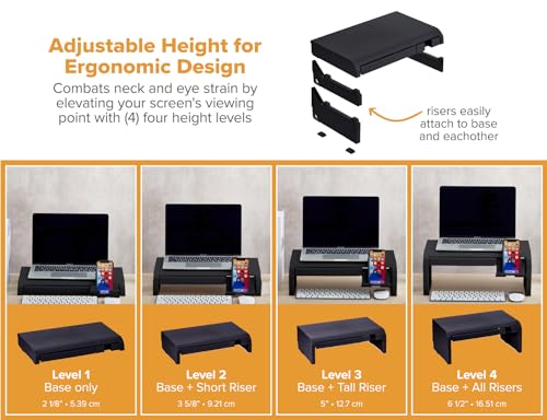 Bostitch Konnect Adjustable Monitor Riser with Drawer & Cell Phone Holder, Laptop Stand for Desk, 4 Height Levels, Cable Management & Rubber Feet - color: Black, style: Deluxe Laptop Stand