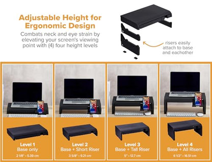 Bostitch Konnect Adjustable Monitor Riser with Drawer & Cell Phone Holder, Laptop Stand for Desk, 4 Height Levels, Cable Management & Rubber Feet - color: Black, style: Deluxe Laptop Stand