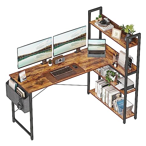 Treesland 55 Inch Computer Desk with Storage Shelves, L Shaped Desk with Storage, Corner Desk with Shelves, Home Office Desks, Bookshelf Desk, Writing Study Desk for Bedroom, Brown - color: Brown, size: 55 inch