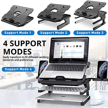 AboveTEK Laptop Stand, 20 Angles Two-Layer Height Adjustable Laptop Stands, Portable Laptop Riser with 360 Rotating Base Storage Space & Extra Phone Holders Compatible with 10''-17'' Laptops Black