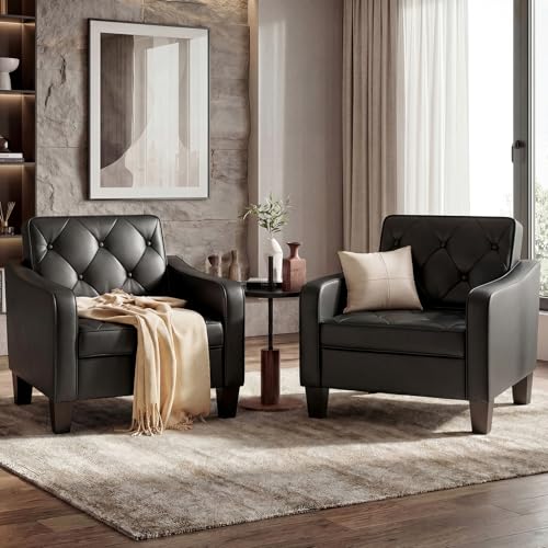 Black Accent Chairs Set 2, Faux Leather Armchair, Mid Century Modern Lobby | STHOUYN Waiting Room Chairs, Tufted Back Upholstered, 330LBS Capacity, Office Guest Chairs Living Room Bedroom - size: 2 PCS