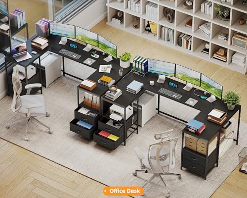67" U Shaped Computer Desk, Reversible L Shaped Gaming Desk | Corner Desk with Power Outlets, 4 Drawers, 2 Storage Shelf, Computer Table with 4 Installation Methods, Black - color: Black, size: 35.4"D x 66.9"W x 30.3"H