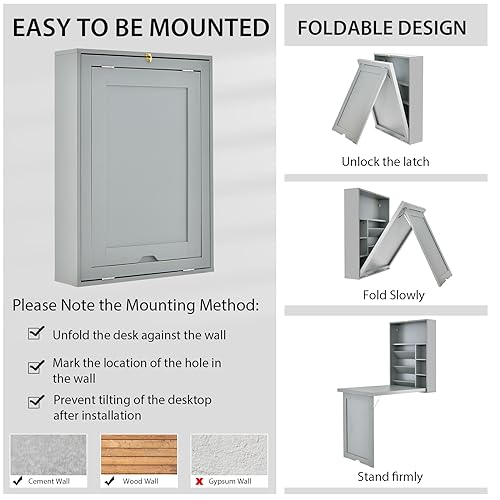 Wall Mounted Desk, Wood Collapsible Floating Desk, Convertible Computer Desk with Storage Area, Hanging Fold Out Table for Home Office, Small Spaces (Grey) - color: Grey