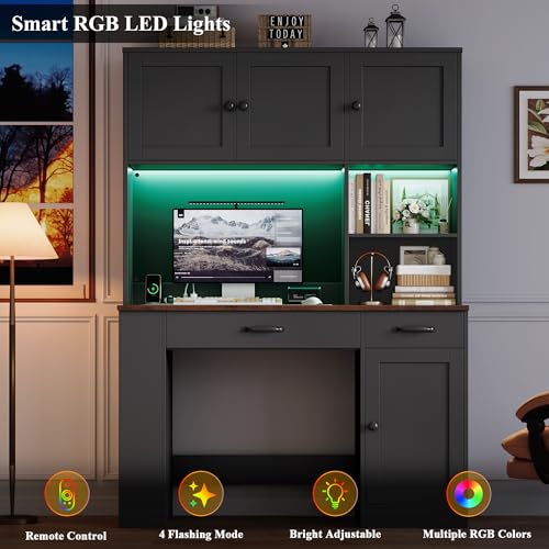 Keyluv 71" Tall Computer Desk with Hutch Cabinet, Home Office Desk with Storage Drawers Shelves and Side Rack, Wood Executive Desk with Doors, Outlet Station and Smart LED Lights, Black - color: Black