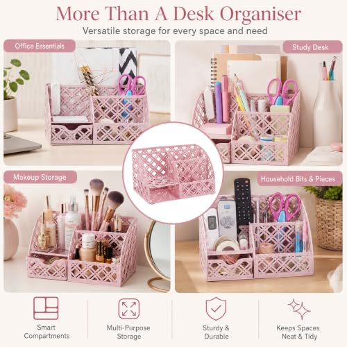 Exerz Mesh Metal Desk Organizer with 7 Compartments and Drawer Light Pink - color: F7 Light Pink