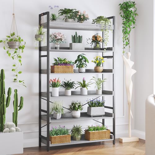 HCHQHS Bookshelf, Adjustable Industrial Bookcase, Vertical Tall Book Shelf, Wood and Black Metal Open Bookshelves for Home Office, Living Room, Bedroom (Grey, 6-Tier (31" W x 70" H)) - color: Grey, size: 6-Tier (31"W x 70"H)