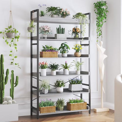 HCHQHS Bookshelf, Adjustable Industrial Bookcase, Vertical Tall Book Shelf, Wood and Black Metal Open Bookshelves for Home Office, Living Room, Bedroom (Grey, 6-Tier (31" W x 70" H)) - color: Grey, size: 6-Tier (31"W x 70"H)