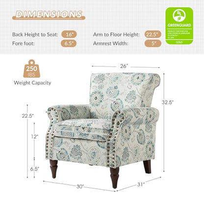 HULALA HOME Traditional Floral Accent Chair with Solid Wood Legs, Medallion | Comfy Upholstered Armchair Reading Chair with Rolled Armrests, Nailhead Trim, Removable Cushion, for Living Room Bedroom - color: Medallion