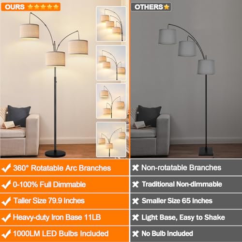 Dimmable Floor Lamp, 3 Lights Black Arc Floor Lamp, Modern Tall Standing Tree Lamp with Beige Linen Shades & Heavy Base, 3000LM LED Bulbs, Bright Lighting for Living Room, Bedroom, Office & Reading - color: Matte Black- Beige Linen Shade