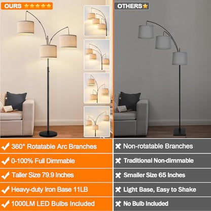 Dimmable Floor Lamp, 3 Lights Black Arc Floor Lamp, Modern Tall Standing Tree Lamp with Beige Linen Shades & Heavy Base, 3000LM LED Bulbs, Bright Lighting for Living Room, Bedroom, Office & Reading - color: Matte Black- Beige Linen Shade
