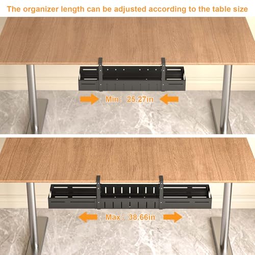 REALINN Under Desk Cable Management Tray Black | Expandable 25.27"-38.66", Sturdy Steel Desk Cord Hider Raceway for Office/Home