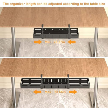 REALINN Under Desk Cable Management Tray Black | Expandable 25.27"-38.66", Sturdy Steel Desk Cord Hider Raceway for Office/Home