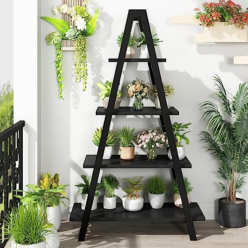 Recaceik 4-Tier A-Shaped Ladder Bookshelf, Industrial Wooden Bookcase with Metal Frame, Farmhouse Open Display Shelves for Living Room, Bedroom, Office - color: Black