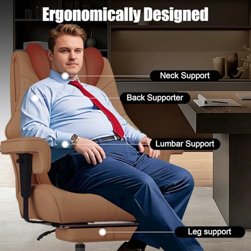 Big and Tall Office Chair with Foot Rest, High Back Computer Desk Chair - color: Brown