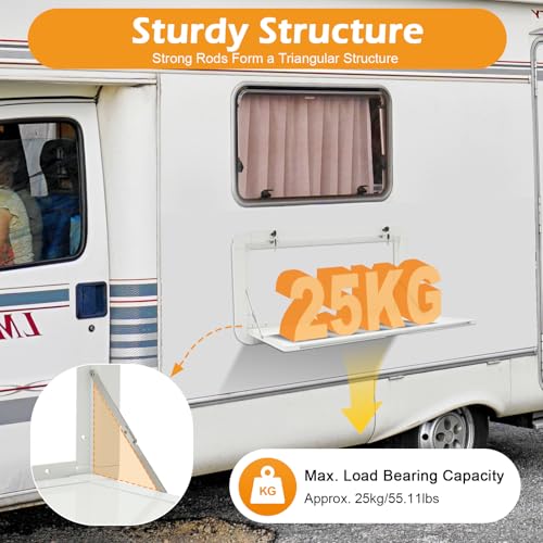 Fold Down Wall Mount Desk, Maximum Load 55.11lb, Aluminum Alloy Folding Wall Table, Lockable External Desk Kit for RV, Caravan, Caravans, Truck Campers, White