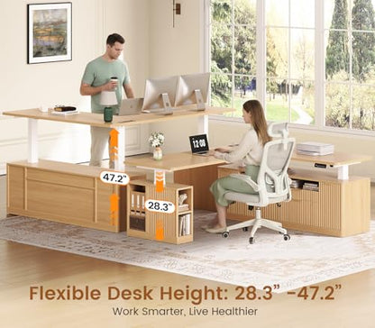 SEDETA Fluted L Shaped Executive Electric Standing Desk with 4 Drawers | 69" x 55" Height Adjustable Office Desk with Storage Shelves, Power Outlet, Sit Stand Computer Desk for Home Office, Natural - color: Natural