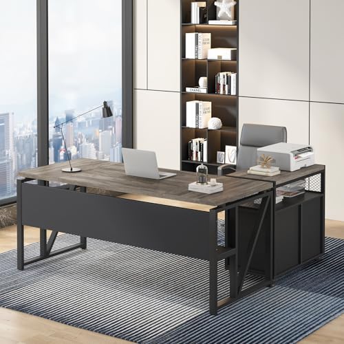 Tribesigns 63" Executive Desk with Reversible File Cabinet, Large L-Shaped Office Desk with Drawers, Business Furniture Workstation for Home Office (Dark Oak, 63-inch) - color: Light Grey