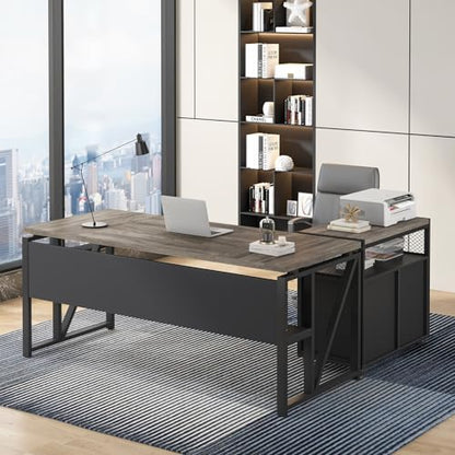 Tribesigns 63" Executive Desk with Reversible File Cabinet, Large L-Shaped Office Desk with Drawers, Business Furniture Workstation for Home Office (Dark Oak, 63-inch) - color: Light Grey