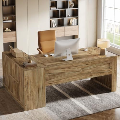 Tribesigns 71 Inch Executive Desk with Storage Cabinet, Large Office Desk L Shaped Computer Desk with Storage Shelves, Business Furniture Desk Workstation for Home Office, Rustic Brown