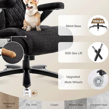 Fabric 700lbs Big and Tall Office Chair, Ergonomic Heavy Duty Executive Cloth Office Chair with 5D Flip Arms & Adjustable Lumbar Support & Dual Rubber Wheel, Large Thick Padded Extra Wide Seat, Black - color: Blackcloth