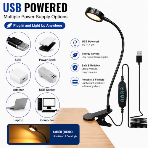 USB Clip-On Desk Lamp Eye Caring Dimmable Reading Light (Amber Light, 8W) | Dimmable, Inline Switch, 1M Timer, USB 5V Port, 1800K, 81inch Long Cable, Flexible Gooseneck， Metal Head and Clip - color: Amber Light