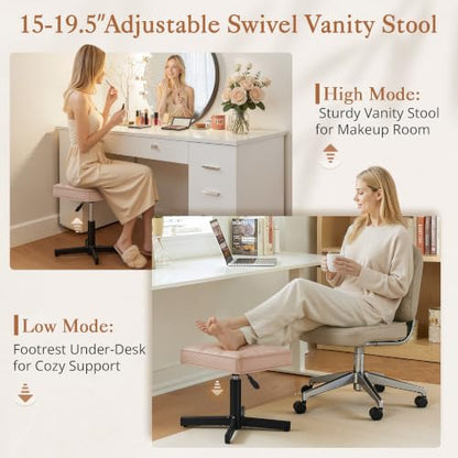 LUE BONA Adjustable Vanity Stool, 15''-19.5'' Foot Rest Under Desk, 360° Swivel Vanity Chair for Makeup Room, Rose Gold Upholstered Faux Leather Ottoman for Bathroom & Living Room, 300lbs - color: Rose Gold