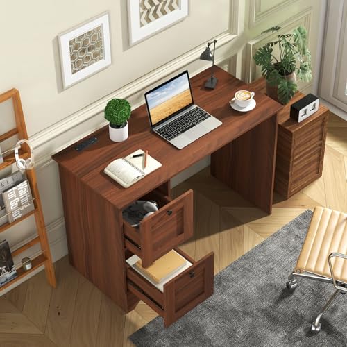 Tangkula Computer Desk with Drawers & Charging Station, Wooden Home Office Desk PC Laptop Notebook Desk, Compact Study Desk Writing Desk, Computer Workstation Ideal for Home & Office - color: Walnut