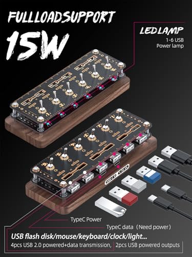 Walnut Cyberpunk USB Docking Station for Independent Switch Control, 6 Port USB2.0 Hub,USB Splitter Expander,USB/SD/TF Card Storage Box,Retro USB Desktop PC Controller-F062