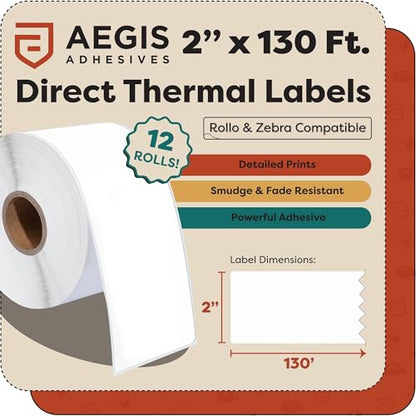 Aegis Adhesives - 2" X 130 ft Direct Thermal Continuous Feed Labels (12 Rolls) - Cut-to-Length Scale Labels for Weigh-Price Printing - Compatible with Direct Thermal Printing Scales - size: 2" X 130'