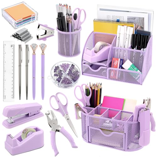 17 IN 1 Office Desk Organizer Set for Back to School Supplies Accessories - color: Purple