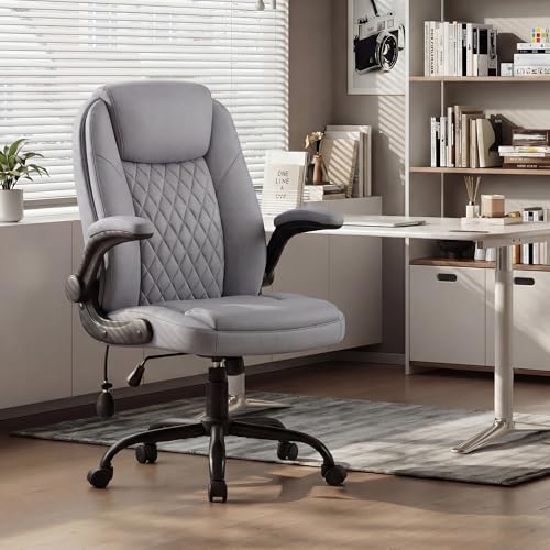 MALOL Leather Office Chair, Computer Desk Chair with Adjustable Lumbar Support, Thick Cushion, Flip-Up Arms and Ergonomic Back, Comfy Executive Office Chair for Home Office Gaming,Grey - color: Grey, size: Set of 1
