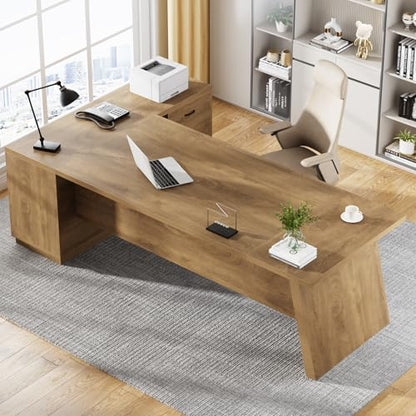 Tribesigns 78" L-Shaped Executive Desk, Large Modern Office Desk with Drawers and Lateral File Cabinet, Business Furniture with Storage Shelves, Big Computer Table for Home Office (Brown) - color: Brown