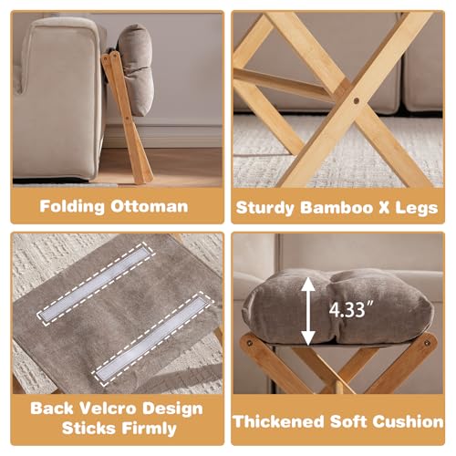 Baveke Folding Foot Stool, Small Accent Ottoman with Thick Cotton Cushion & Bamboo X Legs, Modern Padded Sofa Stool for Makeup Bedroom Living Room (Brown) - color: Light Brown, size: 21.3"D x 13.4"W x 18.5"H