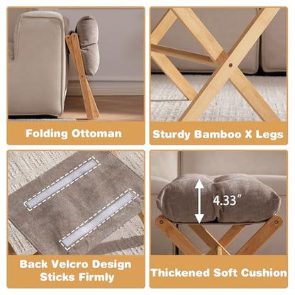 Baveke Folding Foot Stool, Small Accent Ottoman with Thick Cotton Cushion & Bamboo X Legs, Modern Padded Sofa Stool for Makeup Bedroom Living Room (Brown) - color: Light Brown, size: 21.3"D x 13.4"W x 18.5"H