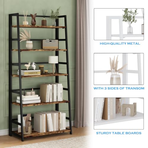 JSB 5 Tier Bookshelf, No Assembly Folding Ladder Bookshelf, 51.6in Tall Foldable Ladder Shelf, Bookcase for Home Office, Living Room,Space-Saving (Rustic & Brown, 5 Tier) - color: Rustic & Brown