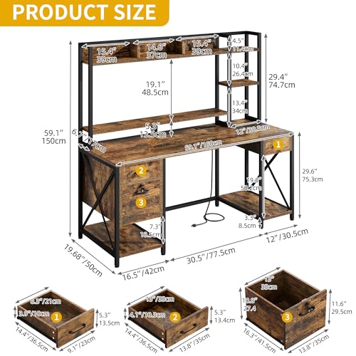 DWVO 59.1" Computer Desk with Hutch, Drawers, Power & LED, Rustic Brown - color: Rustic Brown