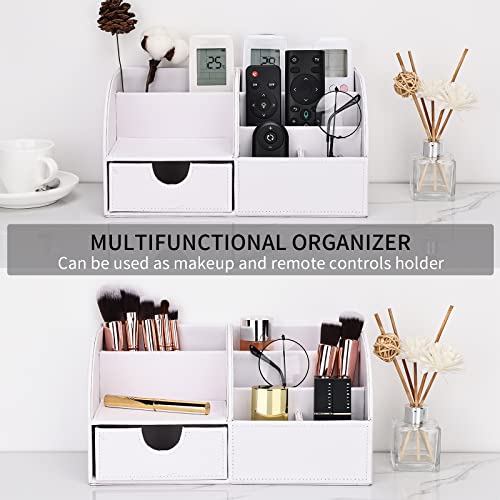 KINGFOM Pu Leather Desk Organizer Pen Pencil Holder Office Supplies Caddy Storage Box 6 Compartments with Drawer White (Full Pu Leather) - color: White