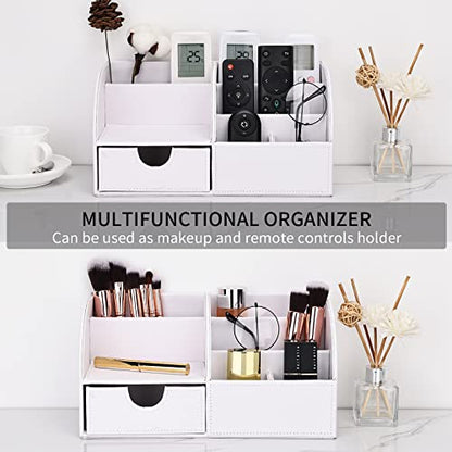 KINGFOM Pu Leather Desk Organizer Pen Pencil Holder Office Supplies Caddy Storage Box 6 Compartments with Drawer White (Full Pu Leather) - color: White