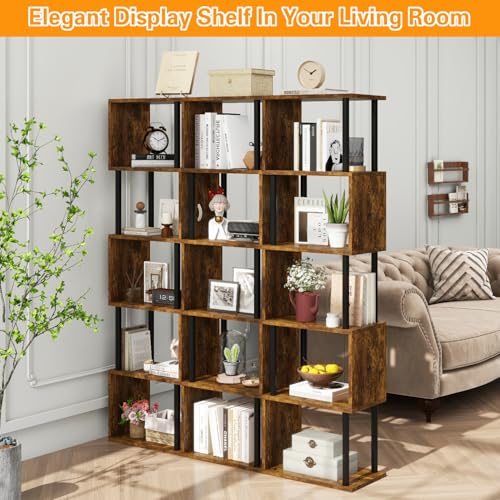 IBUYKE 6-Tier Tall Bookshelf,S-Shaped Geometric Bookcase,Brown WBC016H - color: Rustic Brown, size: 6 Tier