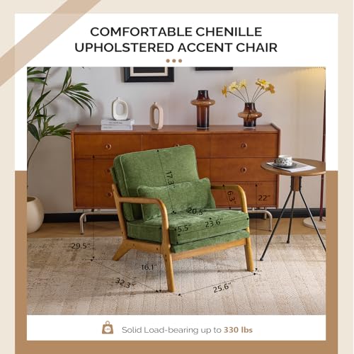 VINGLI Chenille Mid-Century Modern Accent Chair Set of 2, Cute Reading Arm Chair with Cushion & Lumbar Pillow & Solid Wood Frame for Lounge, Living Room, Reading Room, Bedroom, Olive-Green - color: Olive-green