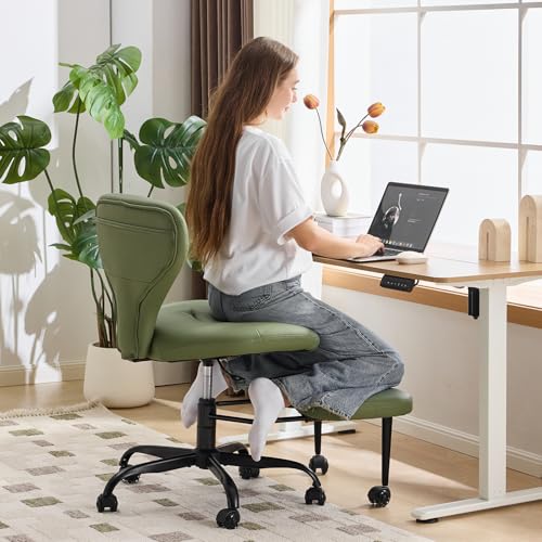 YFO Ergonomic Cross Legged Office Chair and ADHD Meditation Chair with Silent Wheels for Home Office Desk Chair and Yoga, Wider Backrest Support and Storage Pockets Design, PU Leather, Green - color: Pu-green
