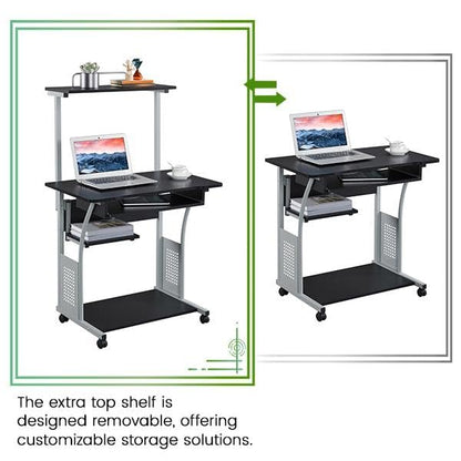 Yaheetech Small Rolling Computer Desk with Hutch and Storage Shelves, Black - color: Black