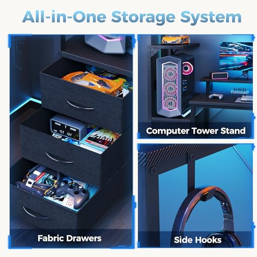 52" Reversible Gaming Desk with LED Lights Power Outlets, Black | Computer Desk with Drawers Can be Used to Store Odds and Handles, Elevated PC Stand To Help You Showcase Your DIY Cases. - color: Black, size: 53 In