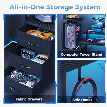 52" Reversible Gaming Desk with LED Lights Power Outlets, Black | Computer Desk with Drawers Can be Used to Store Odds and Handles, Elevated PC Stand To Help You Showcase Your DIY Cases. - color: Black, size: 53 In