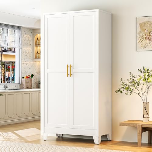 GAIOUS 75.2" Tall Metal Storage Cabinet with 2 Doors and 5 Adjustable Shelves, New upgrade Kitchen Pantry Cabinet, White Freestanding Cupboard, 6 Tier Steel Storage for Office, Kitchen, Dining, Garage - color: White, size: 18"D x 36"W x 75.2"H