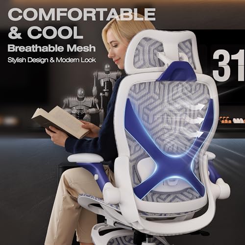 ELABEST X100 Ergonomic Mesh Office Chair with Footrest, Big and Tall Home Desk Chair with 5D Flip-Up Arms, Adjustable 3D Lumbar Support, Gaming & Executive Computer Chair (Cybernetic Pulse) - color: Cybernetic Pulse
