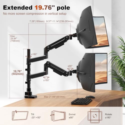 Heavy Duty Dual Monitor Arm for 17-49" Screens, Vertical Stack, 44lbs - color: Black