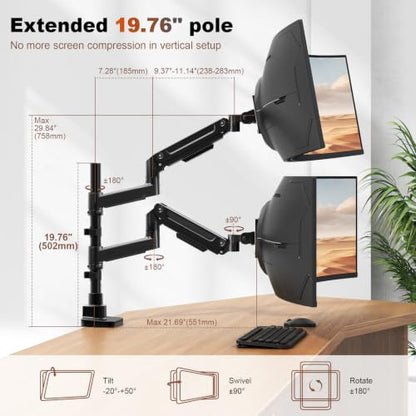 Heavy Duty Dual Monitor Arm for 17-49" Screens, Vertical Stack, 44lbs - color: Black