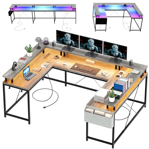 Reversible u Shaped to l Shaped Computer Desk with RGB Lighting & Charging Station, 79 Inch Home Office Workstation with Full Monitor Stand, Heavy Duty Gaming Desk Supporting 600LBS, Multiple Color Op - color: Grey Oak